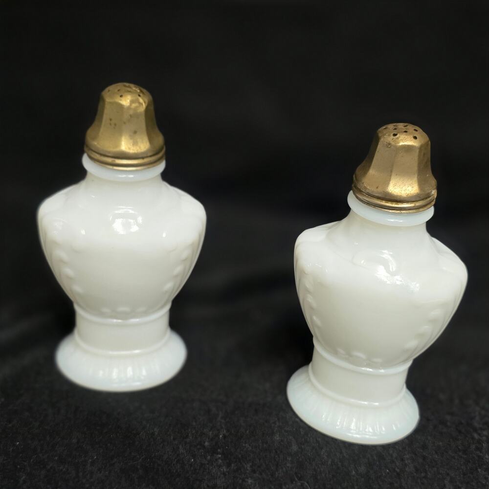 Antique Victorian Milk Glass Salt Pepper Shakers Pair 6” Brass Tops c1890s